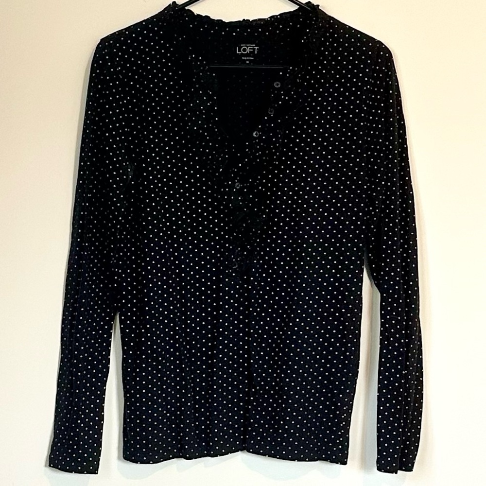 LOFT Black and White Polka Dot and Ruffle Neckline Blouse - Size: Medium